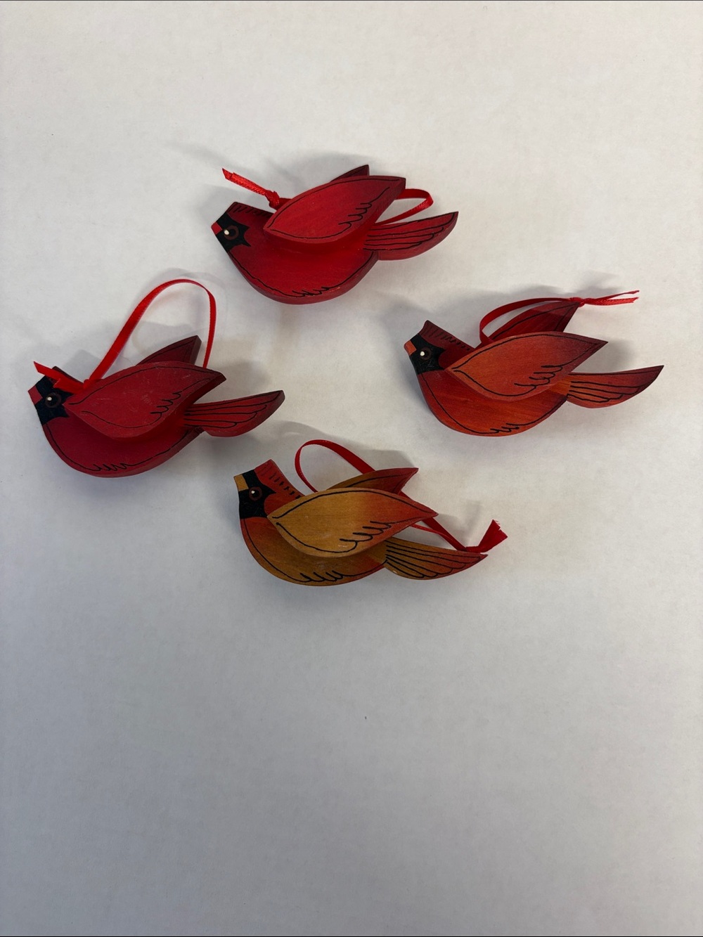 Handcrafted Wooden Cardinal Bird Ornaments - Red and Orange (Set of 4)